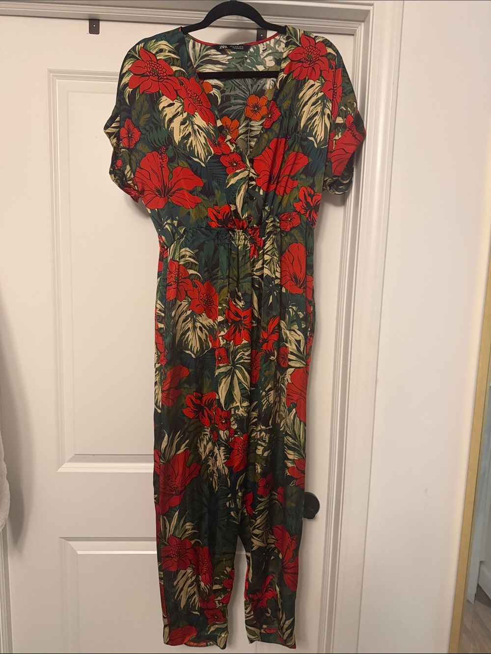 Zara Green Romper with Bold Red Floral Print